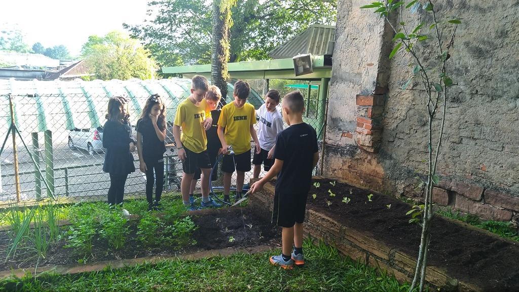 Estudantes plantam mudas de alface e rúcula na Horta Escolar do Pindorama